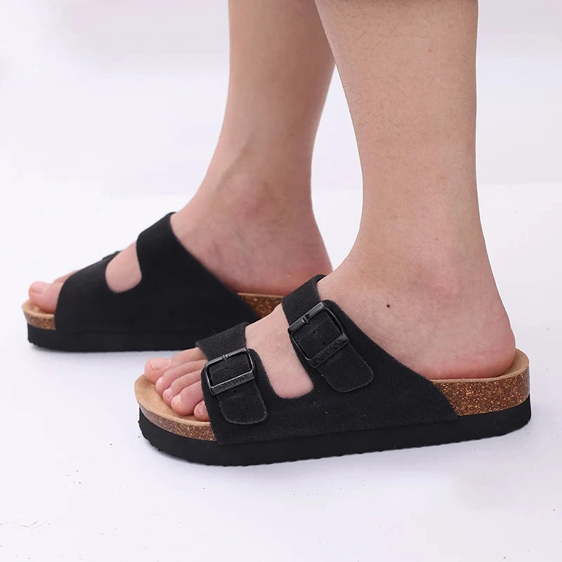 Double Buckle Cork Footbed Sandals – Suede Slide Sandals with Thick Sole for Women & Men