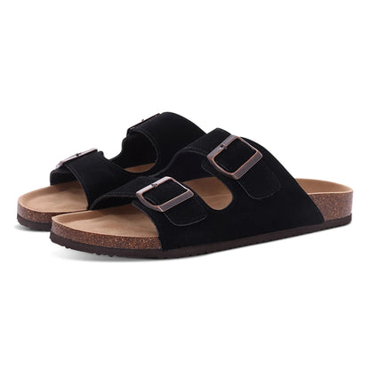 Double Buckle Cork Footbed Sandals – Suede Slide Sandals with Thick Sole for Women & Men