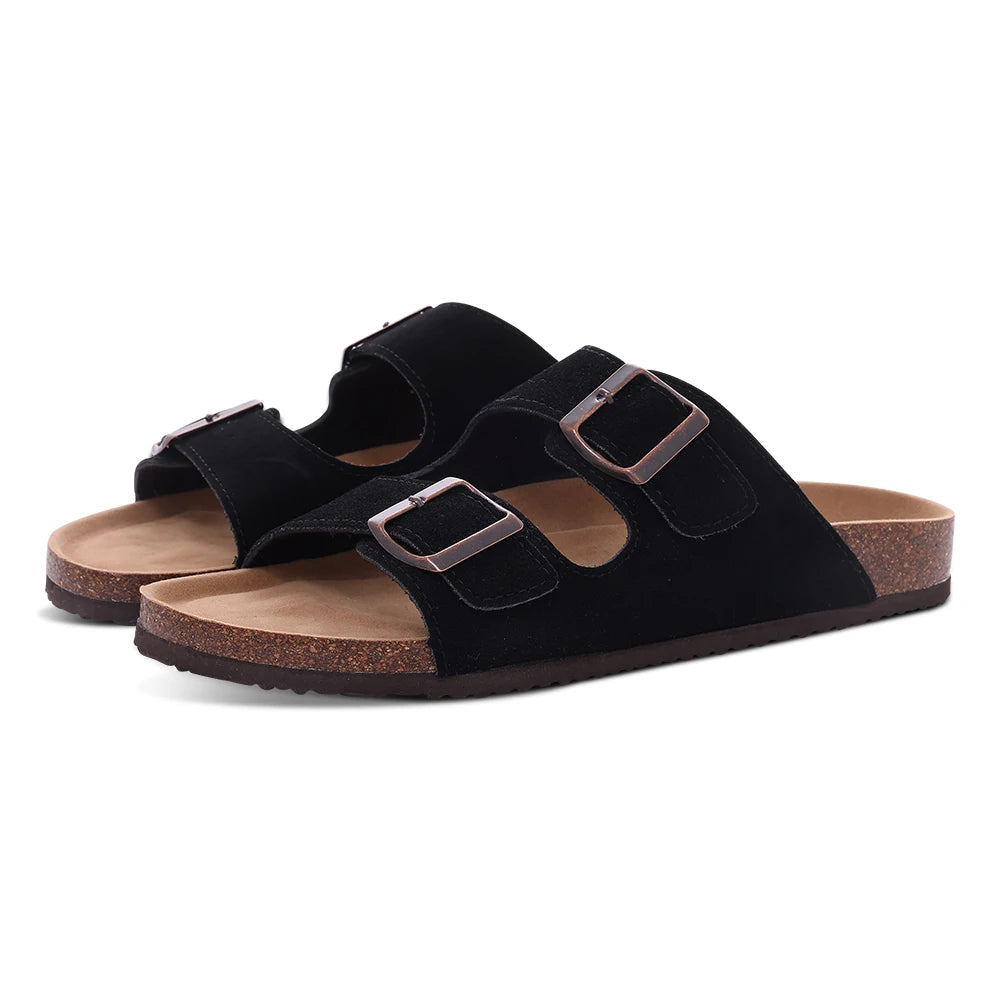 Double Buckle Cork Footbed Sandals – Suede Slide Sandals with Thick Sole for Women & Men