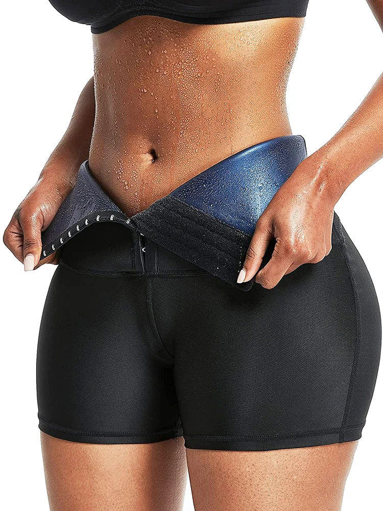 Sauna Sweat Shorts for Women – High-Waist Tummy Control Workout Shaper with Hook Closure