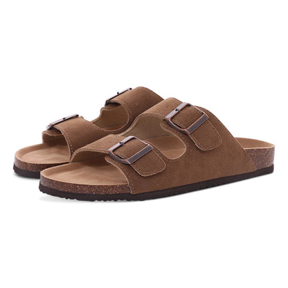 Double Buckle Cork Footbed Sandals – Suede Slide Sandals with Thick Sole for Women & Men
