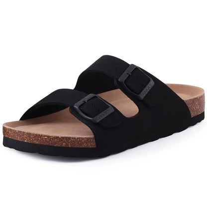 Double Buckle Cork Footbed Sandals – Suede Slide Sandals with Thick Sole for Women & Men