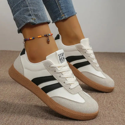 Women’s Retro Suede Sneakers – Green Striped Lace-Up Shoes with Gum Sole