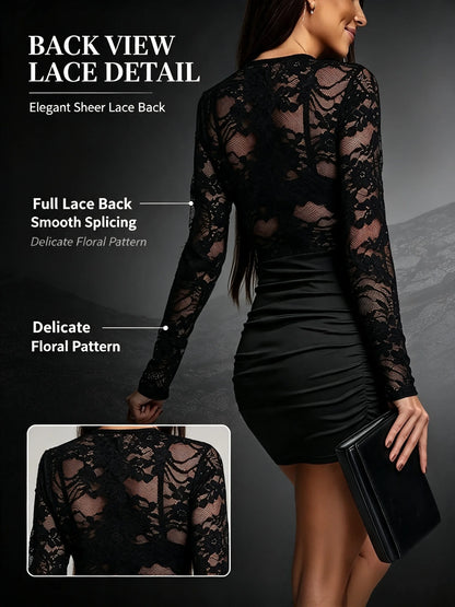 Sheer Lace Long Sleeve Bodycon Mini Dress – Ruched Crew Neck Party Dress