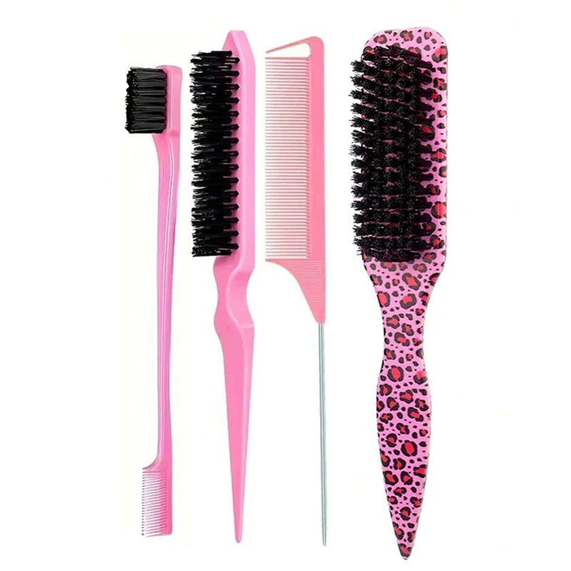 4-Piece Slick Back Hair Brush Set – Bristle Brush, Edge Brush, Teasing Brush & Rat Tail Comb