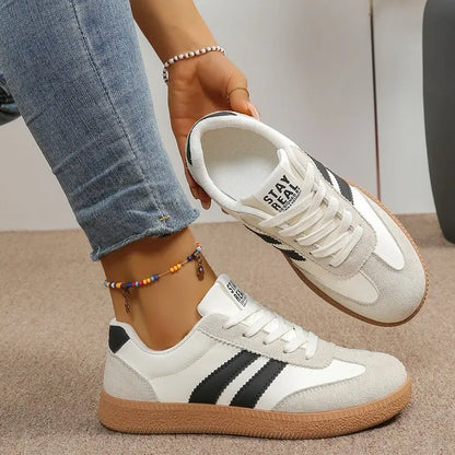 Women’s Retro Suede Sneakers – Green Striped Lace-Up Shoes with Gum Sole