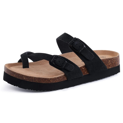 Double Buckle Cork Footbed Sandals – Suede Slide Sandals with Thick Sole for Women & Men