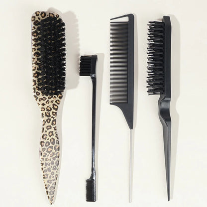 4-Piece Slick Back Hair Brush Set – Bristle Brush, Edge Brush, Teasing Brush & Rat Tail Comb