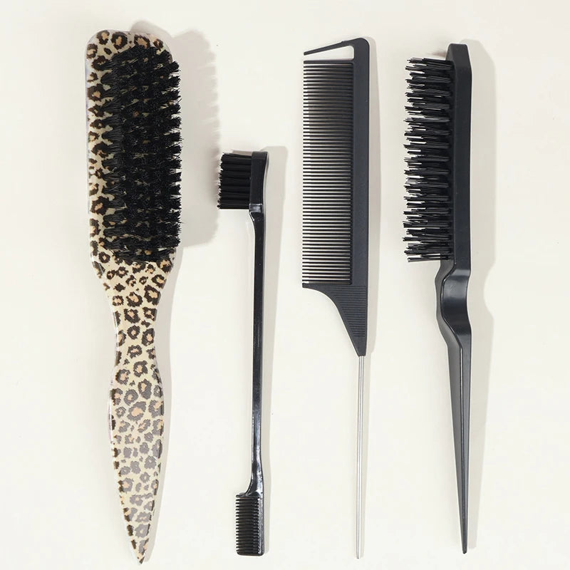 4-Piece Slick Back Hair Brush Set – Bristle Brush, Edge Brush, Teasing Brush & Rat Tail Comb