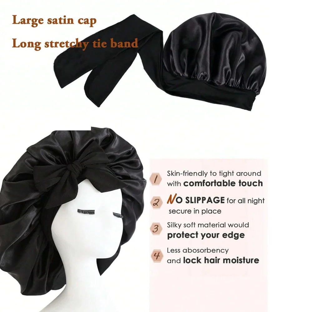Satin Hair Bonnet with Tie Band – Large Adjustable Sleep Bonnet for Curly & Natural Hair