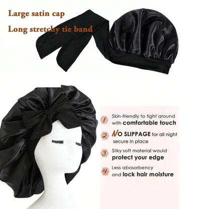 Satin Hair Bonnet with Tie Band – Large Adjustable Sleep Bonnet for Curly & Natural Hair
