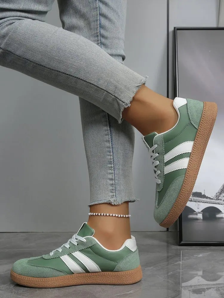 Women’s Retro Suede Sneakers – Green Striped Lace-Up Shoes with Gum Sole