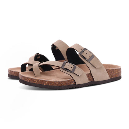 Double Buckle Cork Footbed Sandals – Suede Slide Sandals with Thick Sole for Women & Men