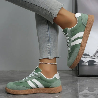 Women’s Retro Suede Sneakers – Green Striped Lace-Up Shoes with Gum Sole