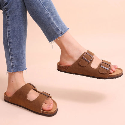 Double Buckle Cork Footbed Sandals – Suede Slide Sandals with Thick Sole for Women & Men