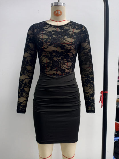 Sheer Lace Long Sleeve Bodycon Mini Dress – Ruched Crew Neck Party Dress
