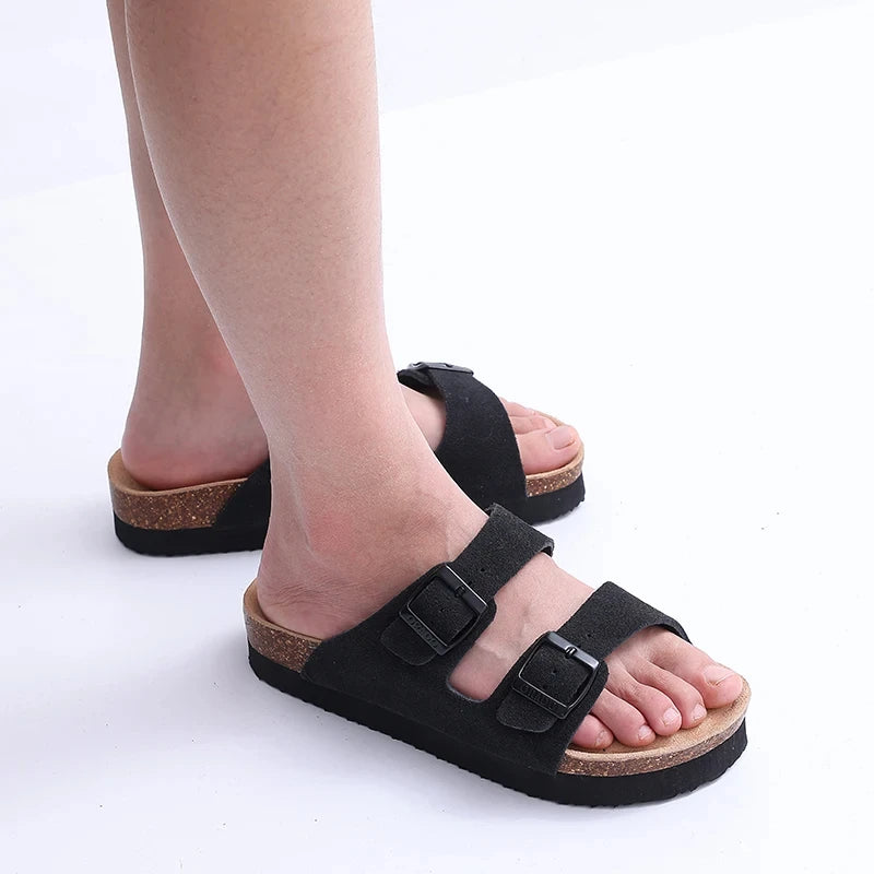 Double Buckle Cork Footbed Sandals – Suede Slide Sandals with Thick Sole for Women & Men