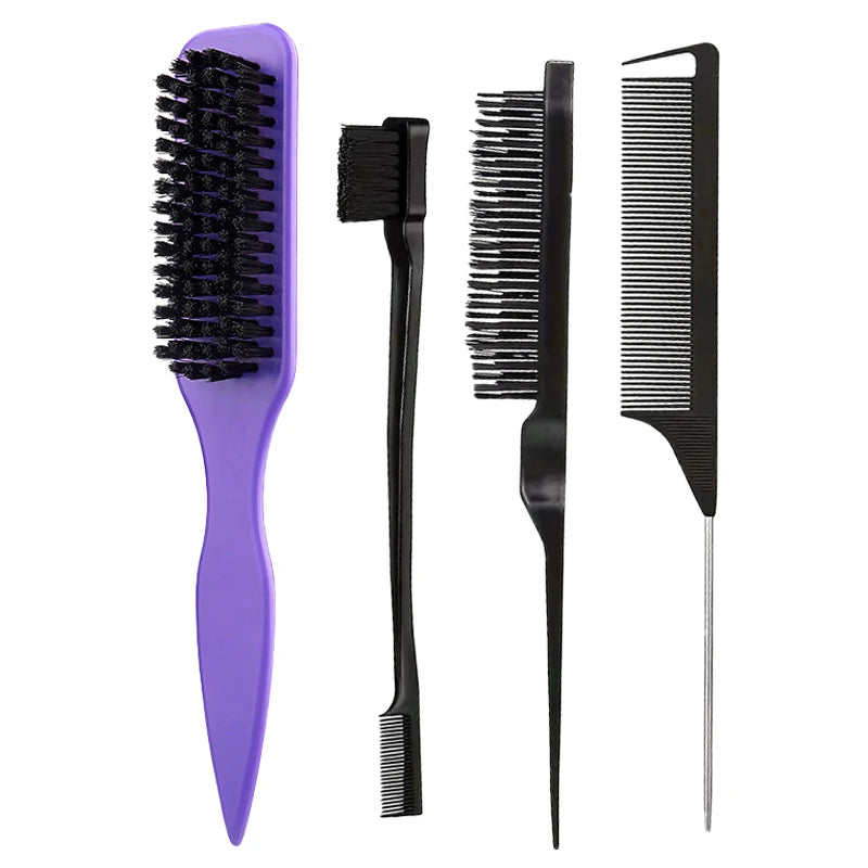 4-Piece Slick Back Hair Brush Set – Bristle Brush, Edge Brush, Teasing Brush & Rat Tail Comb