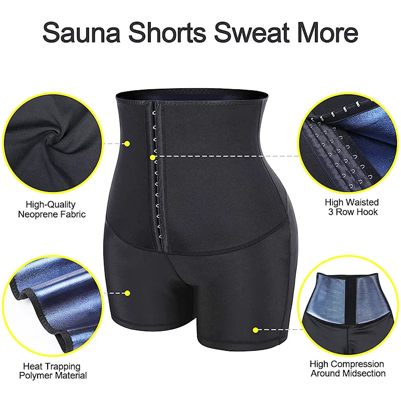 Sauna Sweat Shorts for Women – High-Waist Tummy Control Workout Shaper with Hook Closure