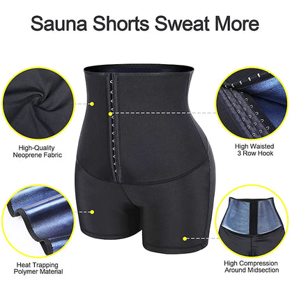 Sauna Sweat Shorts for Women – High-Waist Tummy Control Workout Shaper with Hook Closure