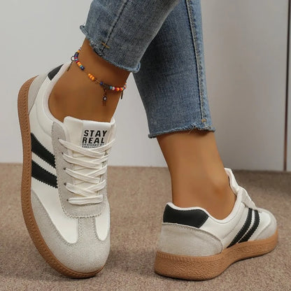 Women’s Retro Suede Sneakers – Green Striped Lace-Up Shoes with Gum Sole