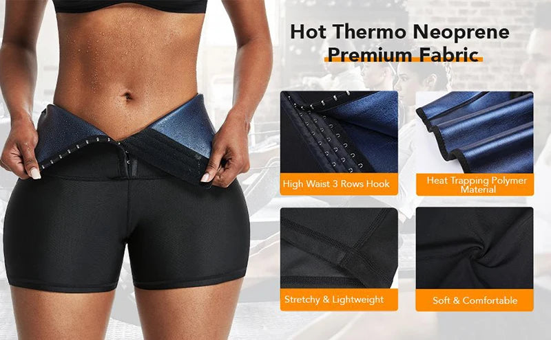 Sauna Sweat Shorts for Women – High-Waist Tummy Control Workout Shaper with Hook Closure