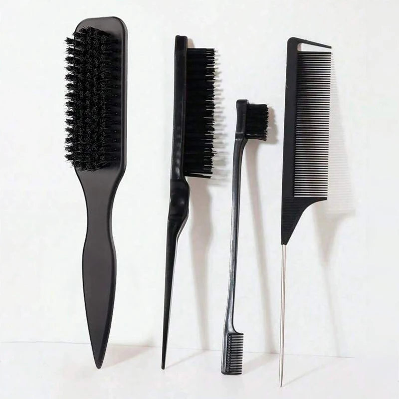 4-Piece Slick Back Hair Brush Set – Bristle Brush, Edge Brush, Teasing Brush & Rat Tail Comb