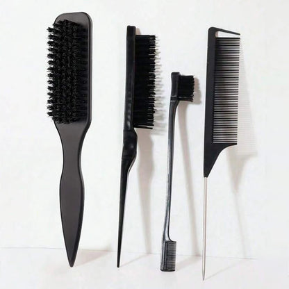 4-Piece Slick Back Hair Brush Set – Bristle Brush, Edge Brush, Teasing Brush & Rat Tail Comb