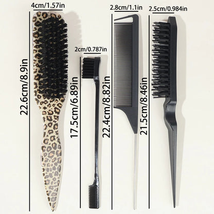 4-Piece Slick Back Hair Brush Set – Bristle Brush, Edge Brush, Teasing Brush & Rat Tail Comb