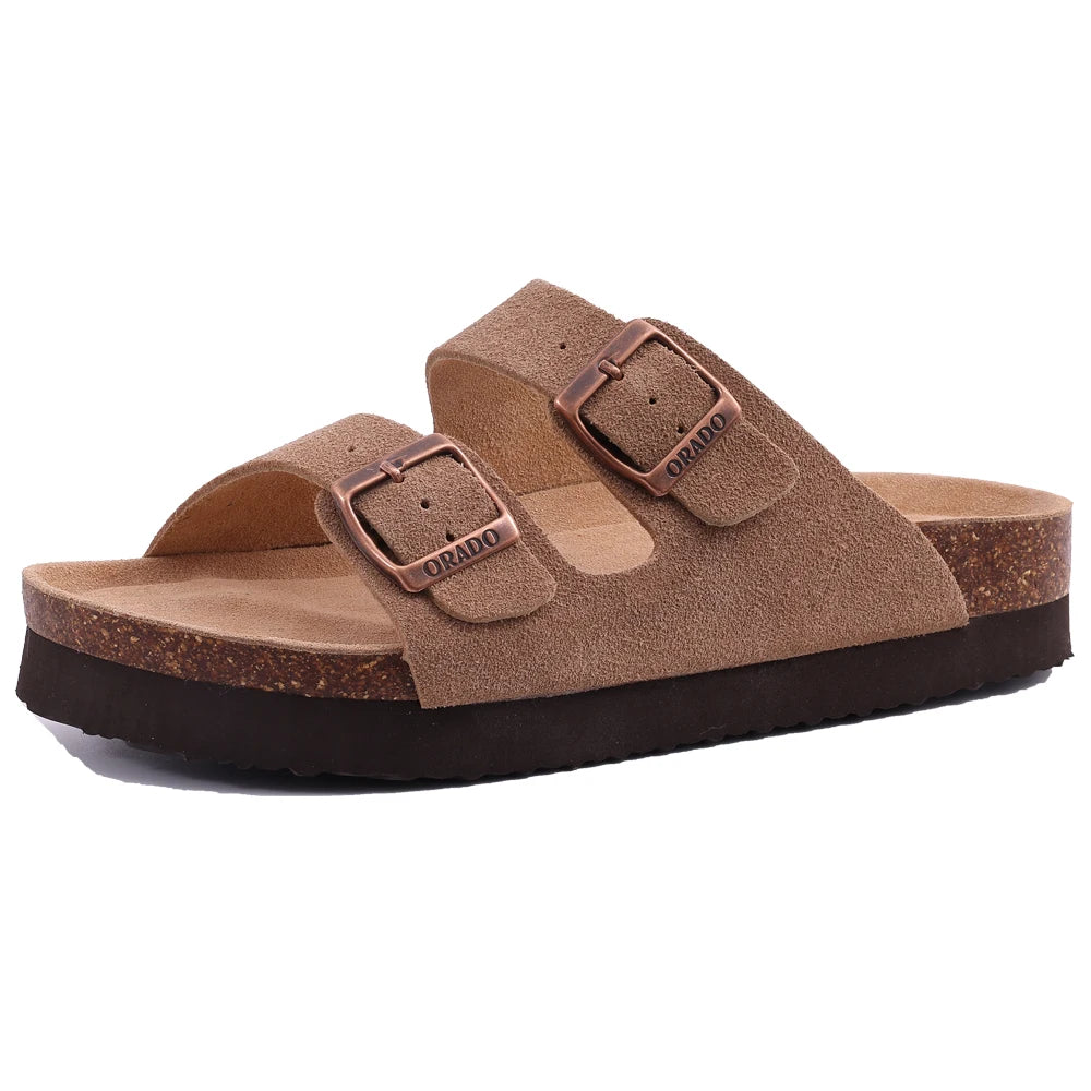 Double Buckle Cork Footbed Sandals – Suede Slide Sandals with Thick Sole for Women & Men