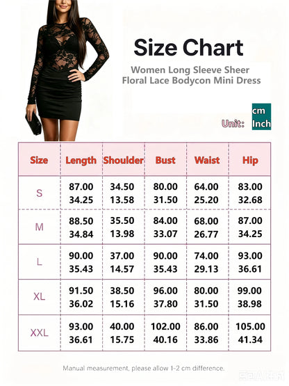 Sheer Lace Long Sleeve Bodycon Mini Dress – Ruched Crew Neck Party Dress