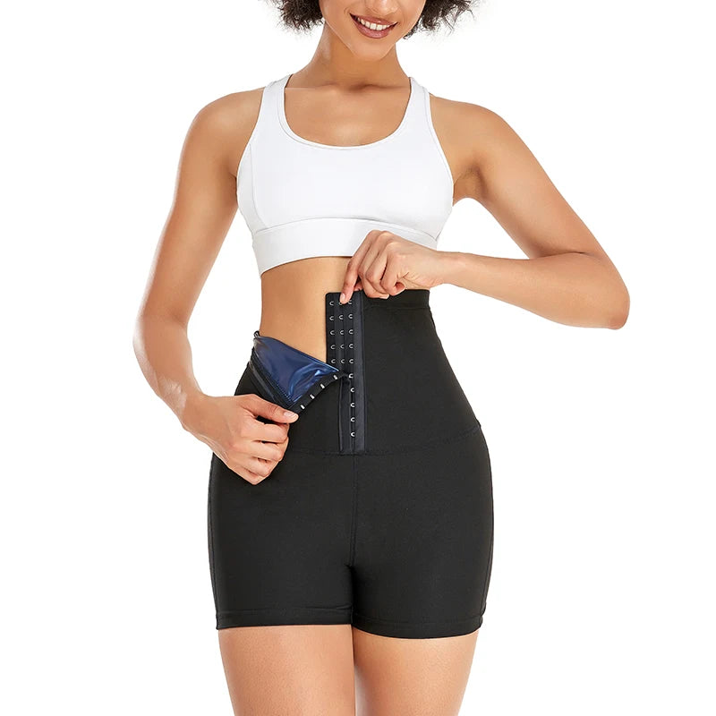 Sauna Sweat Shorts for Women – High-Waist Tummy Control Workout Shaper with Hook Closure