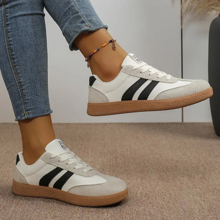 Women’s Retro Suede Sneakers – Green Striped Lace-Up Shoes with Gum Sole