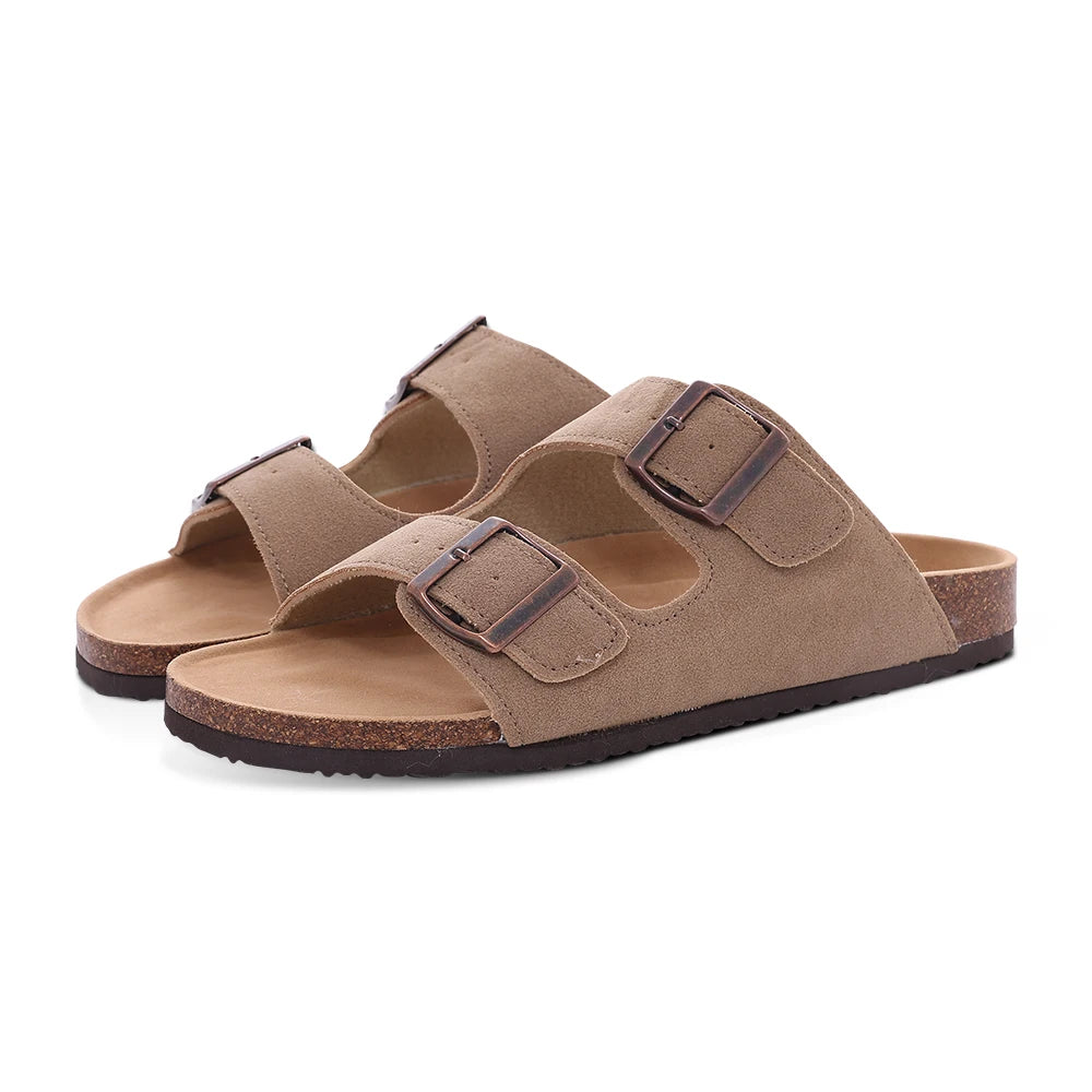 Double Buckle Cork Footbed Sandals – Suede Slide Sandals with Thick Sole for Women & Men
