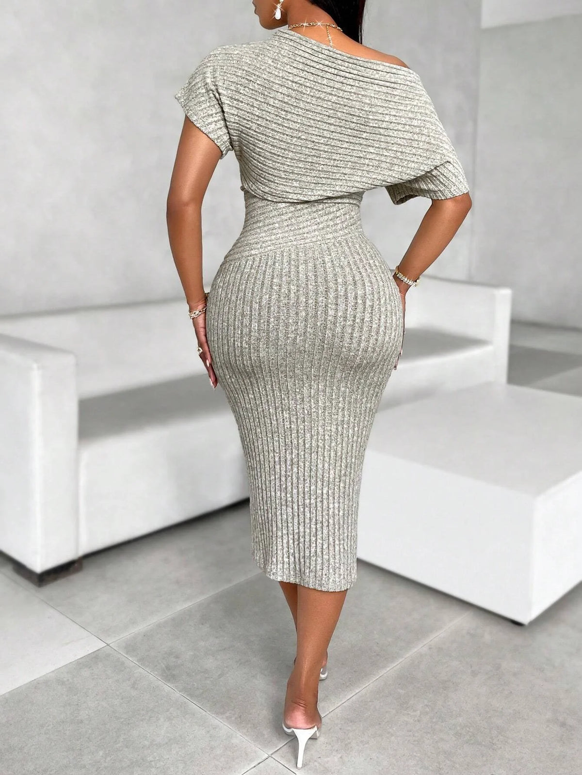 Off-Shoulder Ribbed Knit Midi Dress – Ruched Bodycon Short-Sleeve Dress for Women