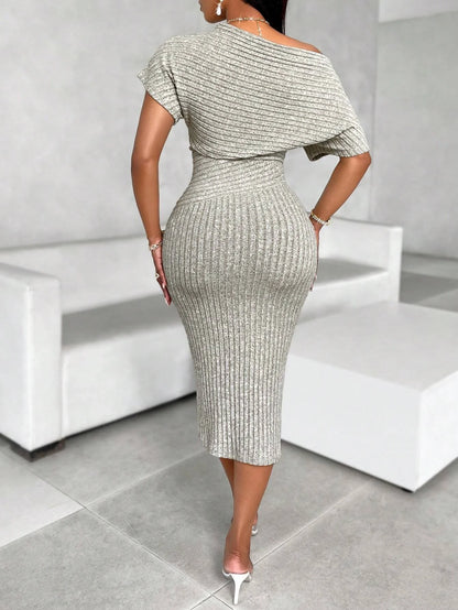 Off-Shoulder Ribbed Knit Midi Dress – Ruched Bodycon Short-Sleeve Dress for Women