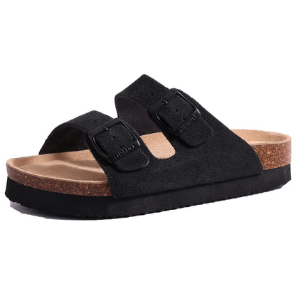 Double Buckle Cork Footbed Sandals – Suede Slide Sandals with Thick Sole for Women & Men
