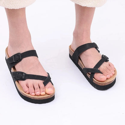 Double Buckle Cork Footbed Sandals – Suede Slide Sandals with Thick Sole for Women & Men
