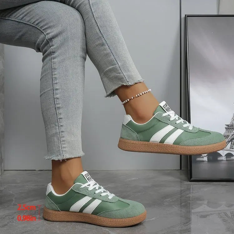 Women’s Retro Suede Sneakers – Green Striped Lace-Up Shoes with Gum Sole