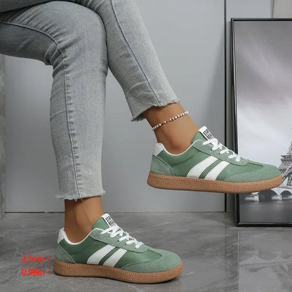 Women’s Retro Suede Sneakers – Green Striped Lace-Up Shoes with Gum Sole