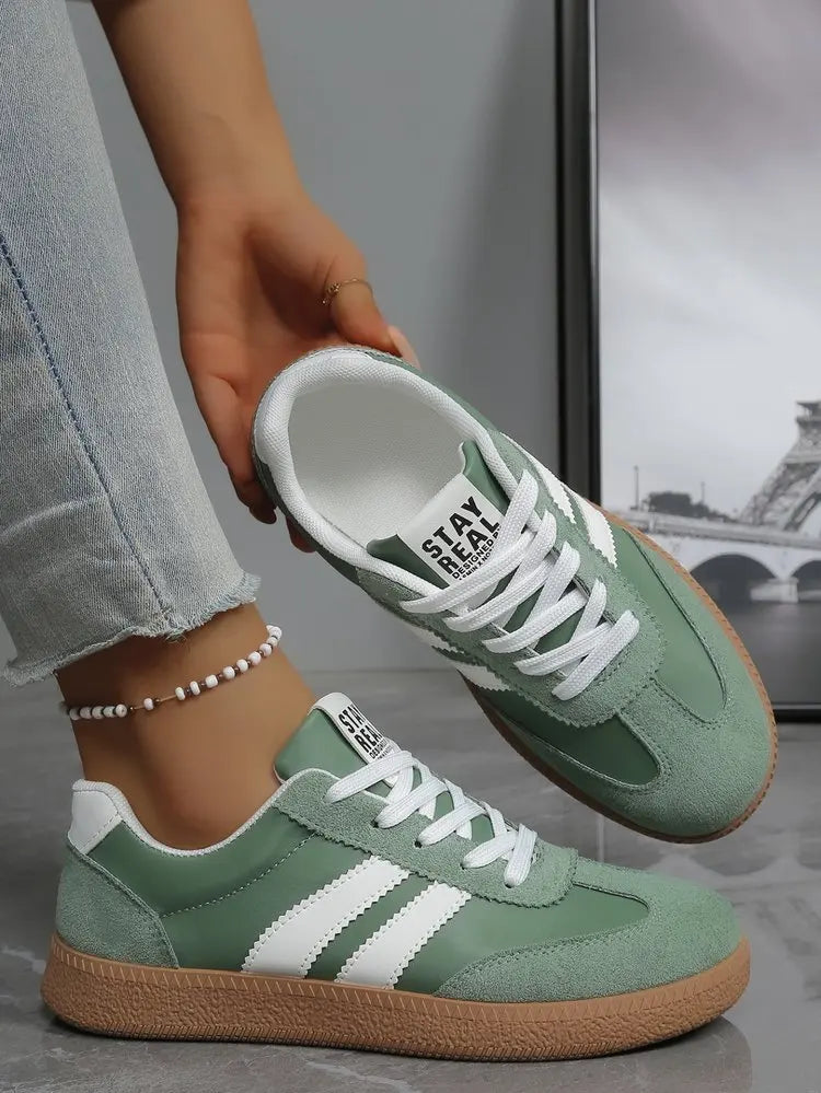 Women’s Retro Suede Sneakers – Green Striped Lace-Up Shoes with Gum Sole