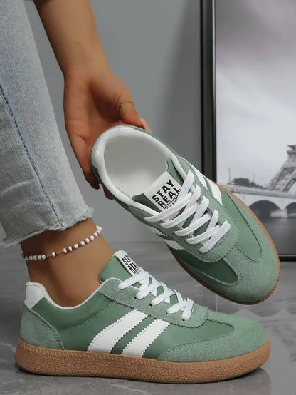 Women’s Retro Suede Sneakers – Green Striped Lace-Up Shoes with Gum Sole