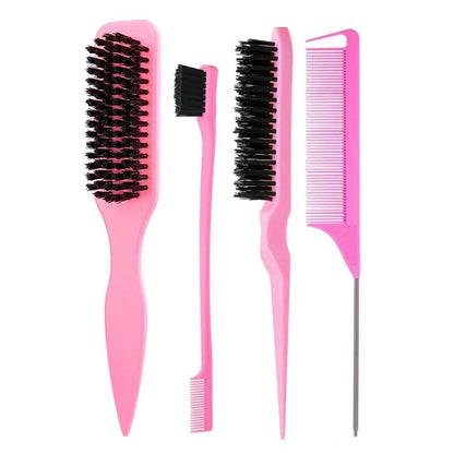 4-Piece Slick Back Hair Brush Set – Bristle Brush, Edge Brush, Teasing Brush & Rat Tail Comb
