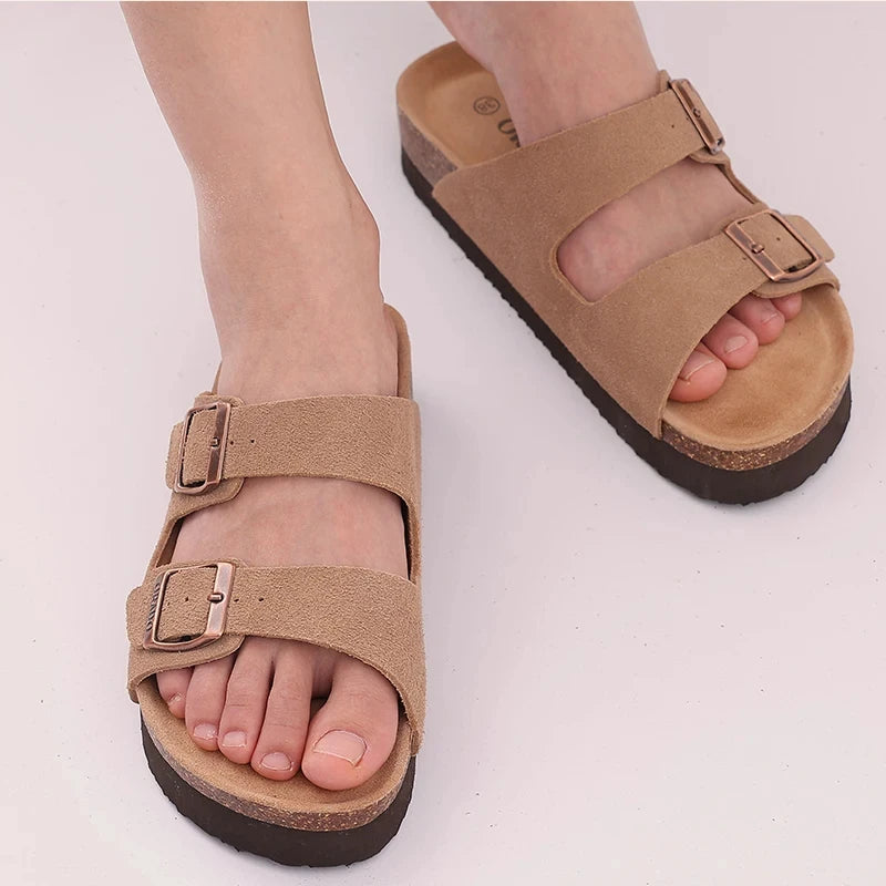 Double Buckle Cork Footbed Sandals – Suede Slide Sandals with Thick Sole for Women & Men
