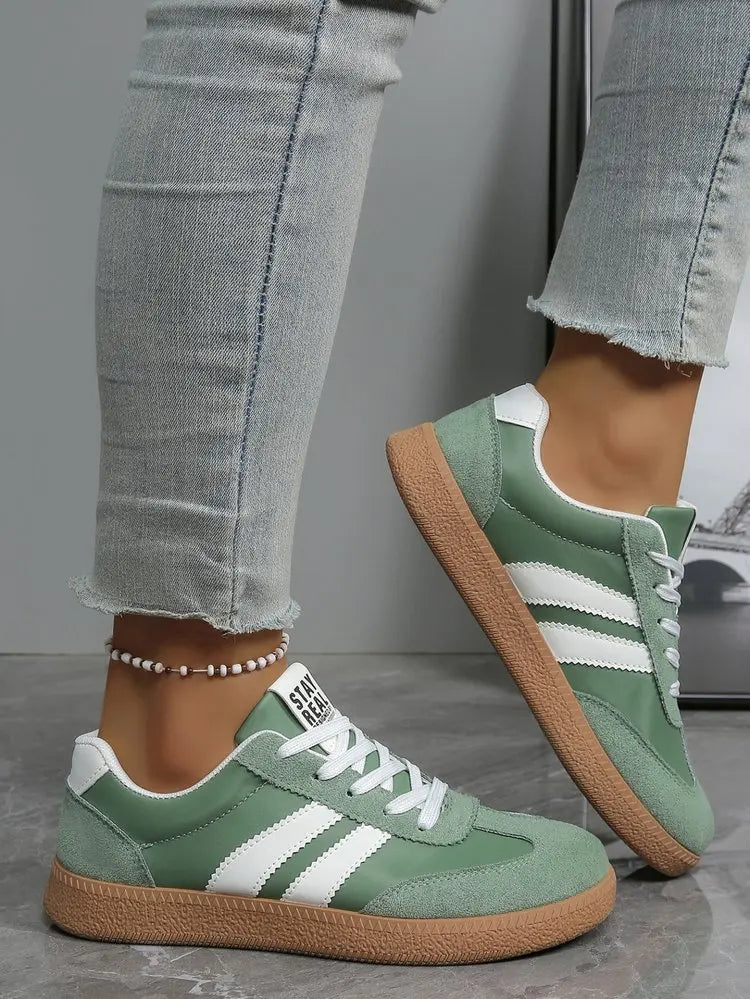 Women’s Retro Suede Sneakers – Green Striped Lace-Up Shoes with Gum Sole
