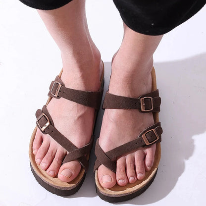 Double Buckle Cork Footbed Sandals – Suede Slide Sandals with Thick Sole for Women & Men