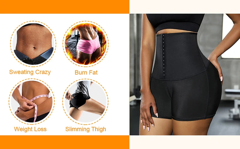 Sauna Sweat Shorts for Women – High-Waist Tummy Control Workout Shaper with Hook Closure