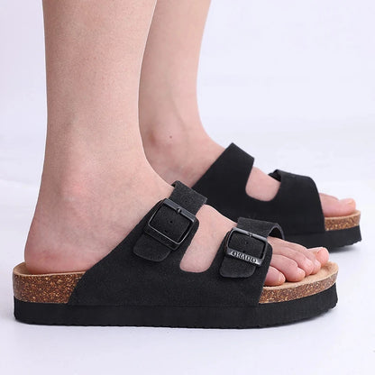 Double Buckle Cork Footbed Sandals – Suede Slide Sandals with Thick Sole for Women & Men
