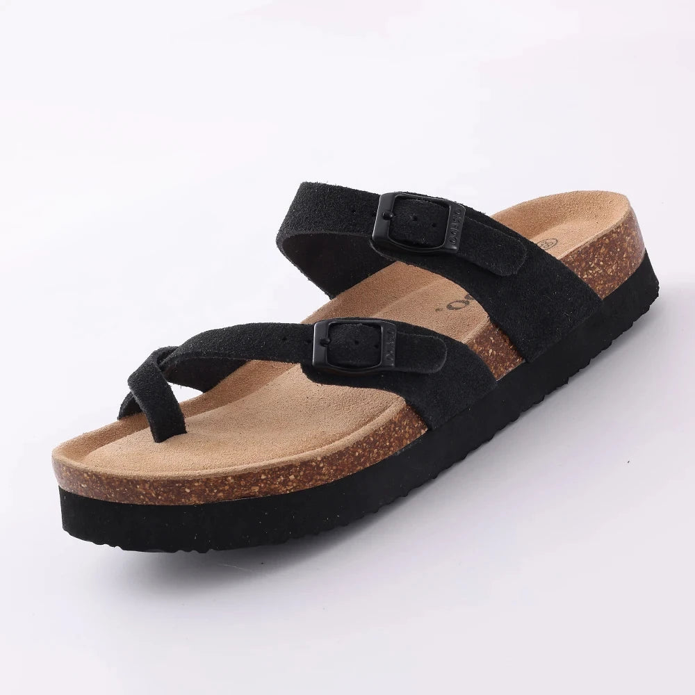 Double Buckle Cork Footbed Sandals – Suede Slide Sandals with Thick Sole for Women & Men